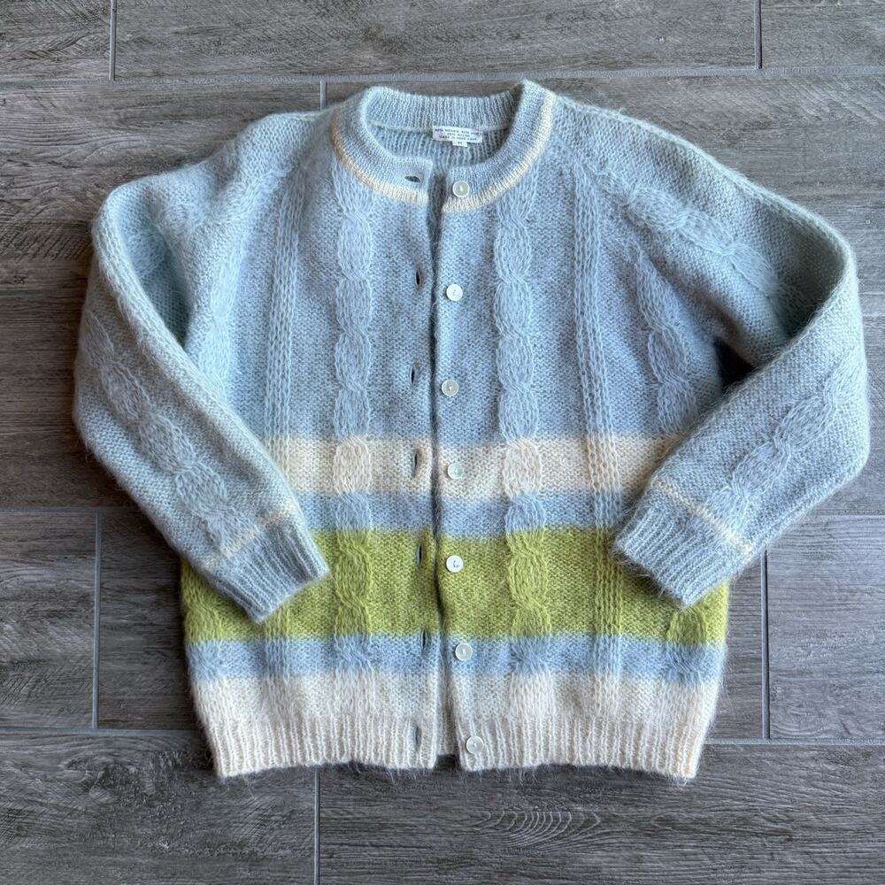 Mohair Wool Blend Cardigan Sweater Pastel Blue Green Cream Cable Knit Hong Kong
